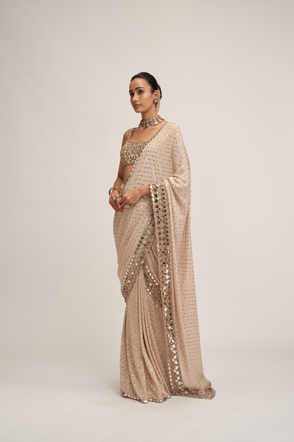 Light Beige Round Neck Cutwork Border Saree Set