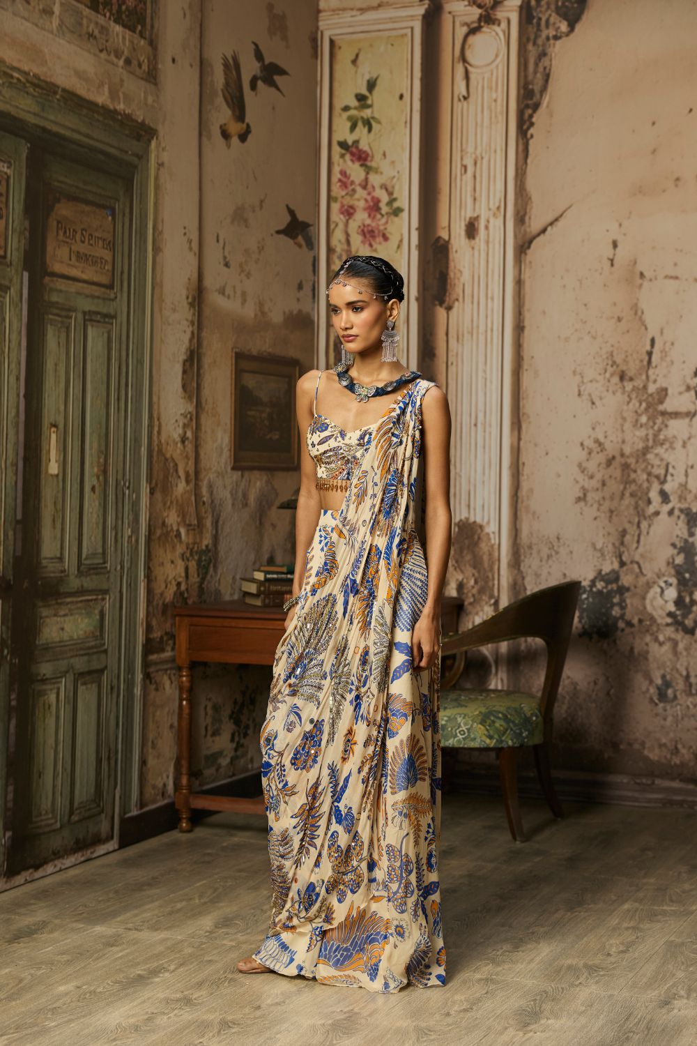 IVORY PRINTED AND HIGHLIGHTED SHARARA PANTS SAREE SET