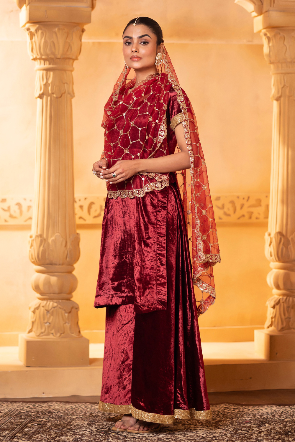 Maroon Velvet Kurta and Sharara Set