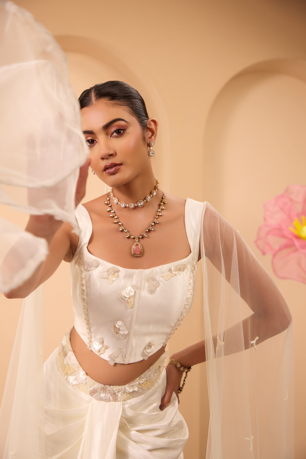 Ivory Hand Embroidered Corset Blouse and Drape Skirt with Dupatta