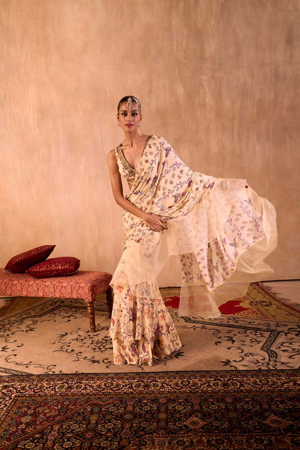 IVORY PRINT EMBROIDERED CHOLI WITH PRE DRAPED RUFFLE SARI SET