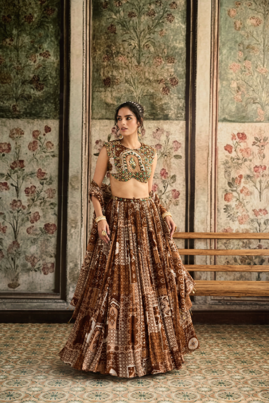 CARAMEL PRINT AND HIGHLIGHTED BLOUSE AND LEHENGA SET