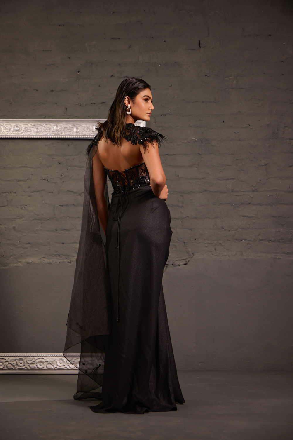 Metallic Corset Gown With Detachable Shoulder Cape