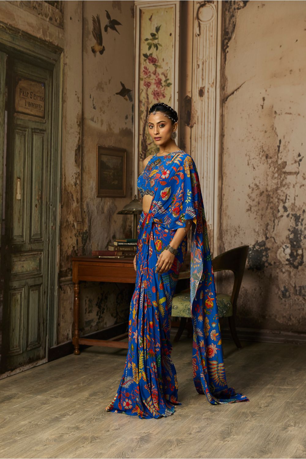 ELECTRIC BLUE PRINTED AND HIGHLIGHTED DHOTI SKIRT SAREE SET