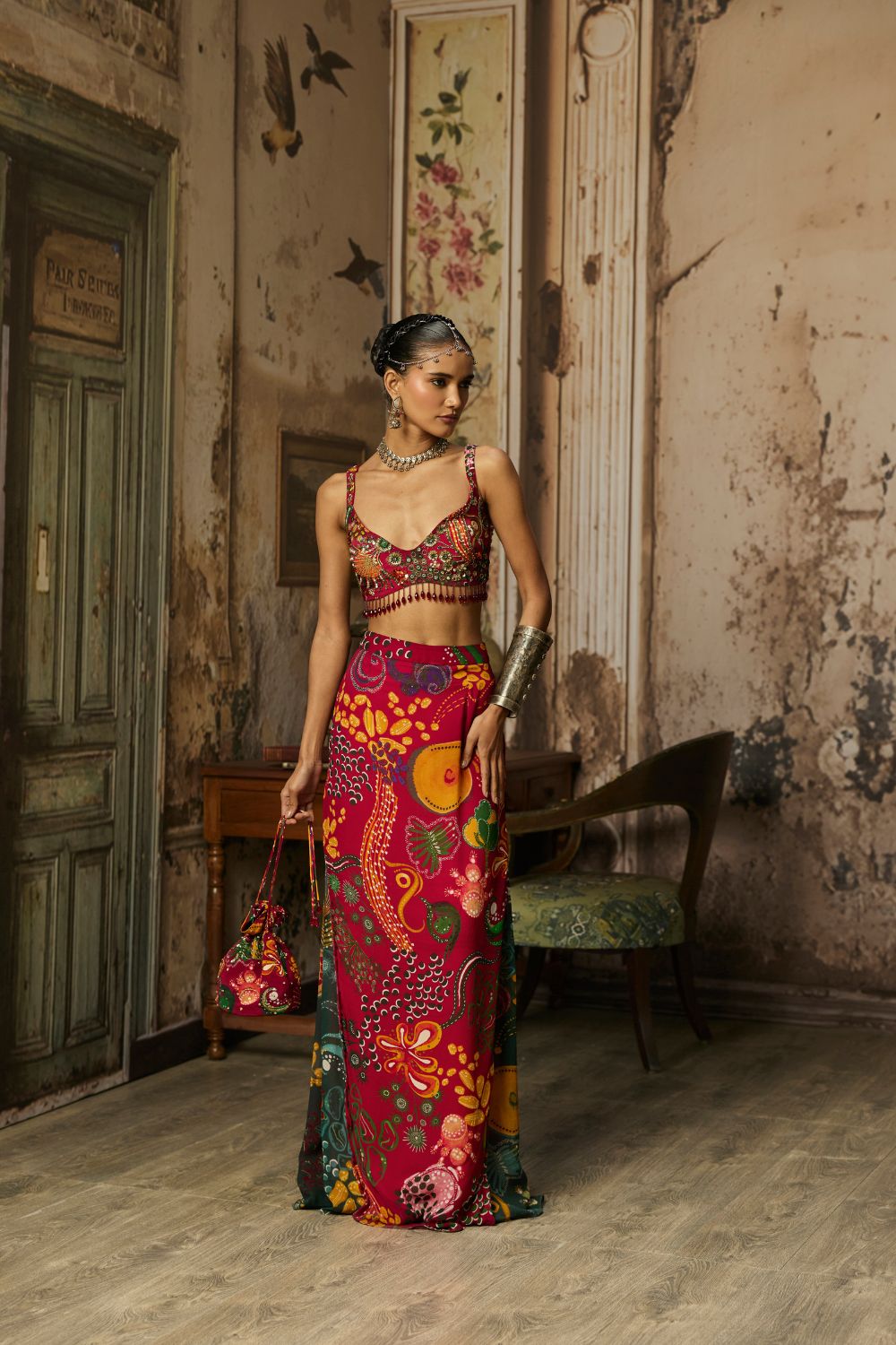 DEEP RED PRINTED AND HIGHLIGHTED SKIRT SET