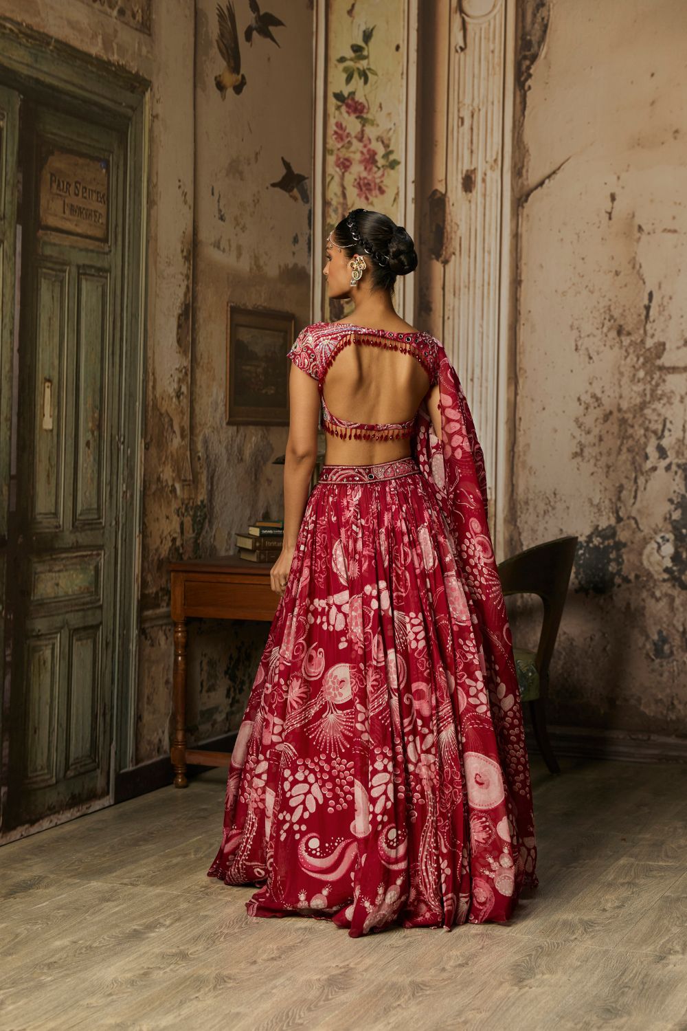 SCARLET RED PRINTED AND HIGHLIGHTED LEHENGA SET