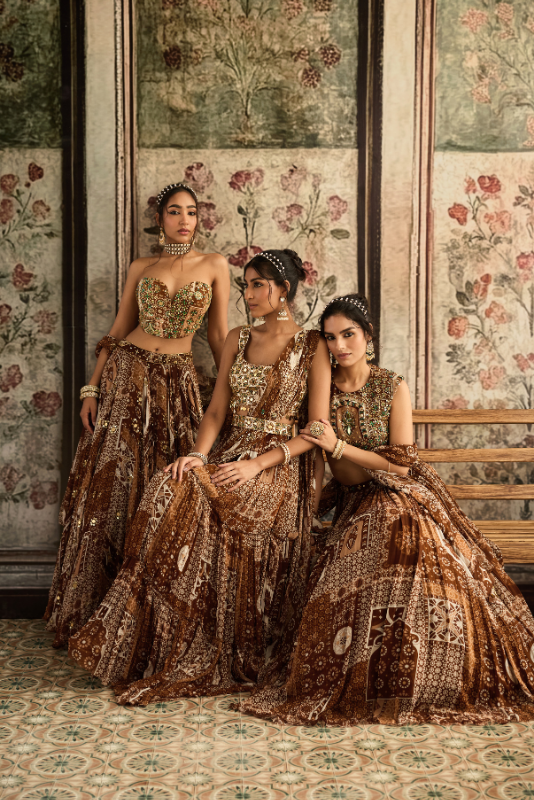 CARAMEL PRINT AND HIGHLIGHTED CORSET TOP WITH LEHENGA SET