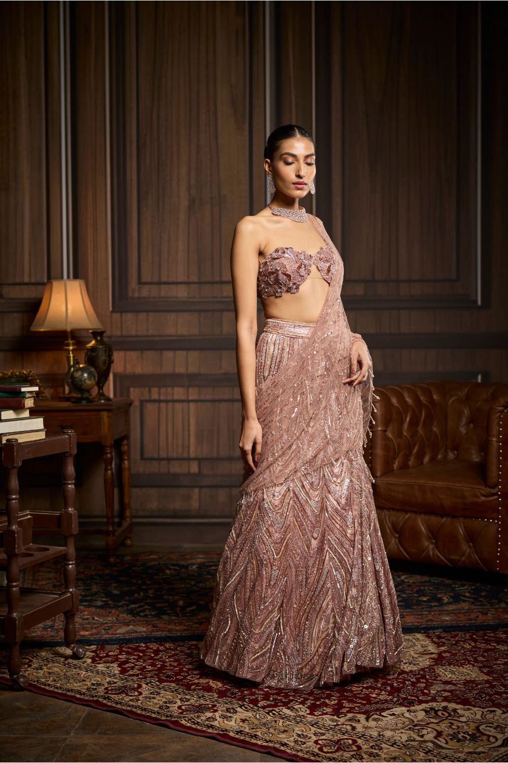 BLUSH PINK EMBELLISHED PRE-DRAPED SKIRT SAREE SET