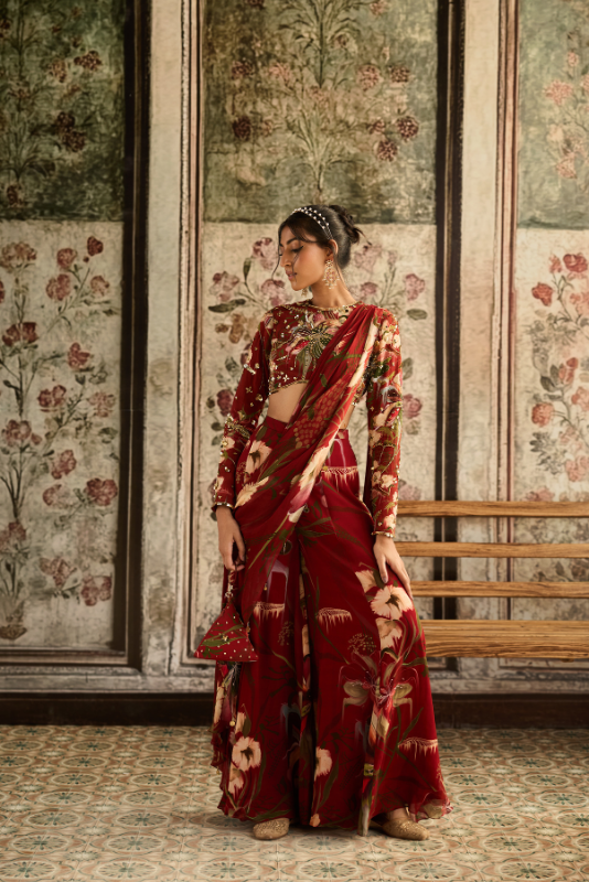 RED FLORAL PRINTED SKIRT SAREE SET