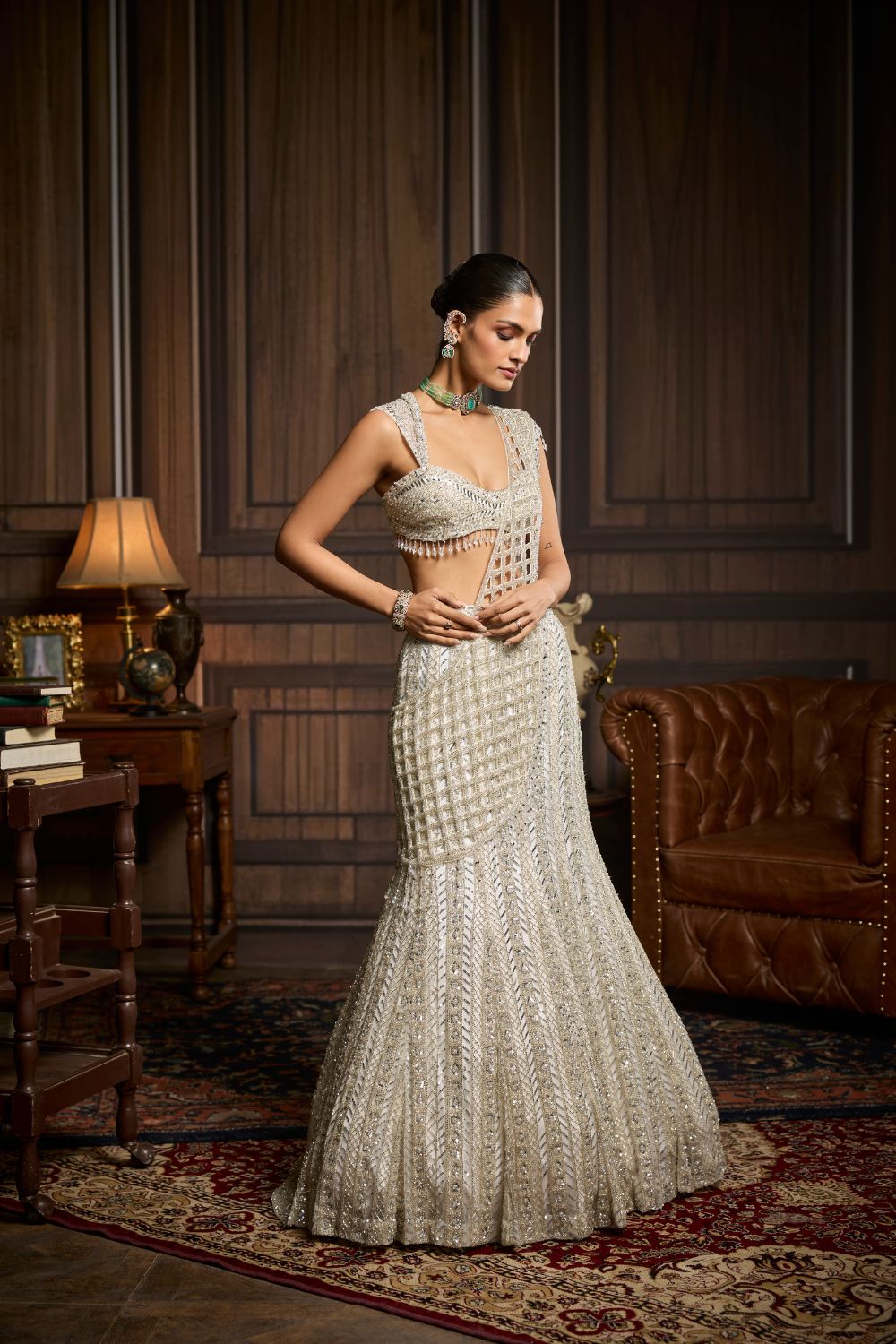 SILVER EMBELLISHED MERMAID SKIRT SAREE SET