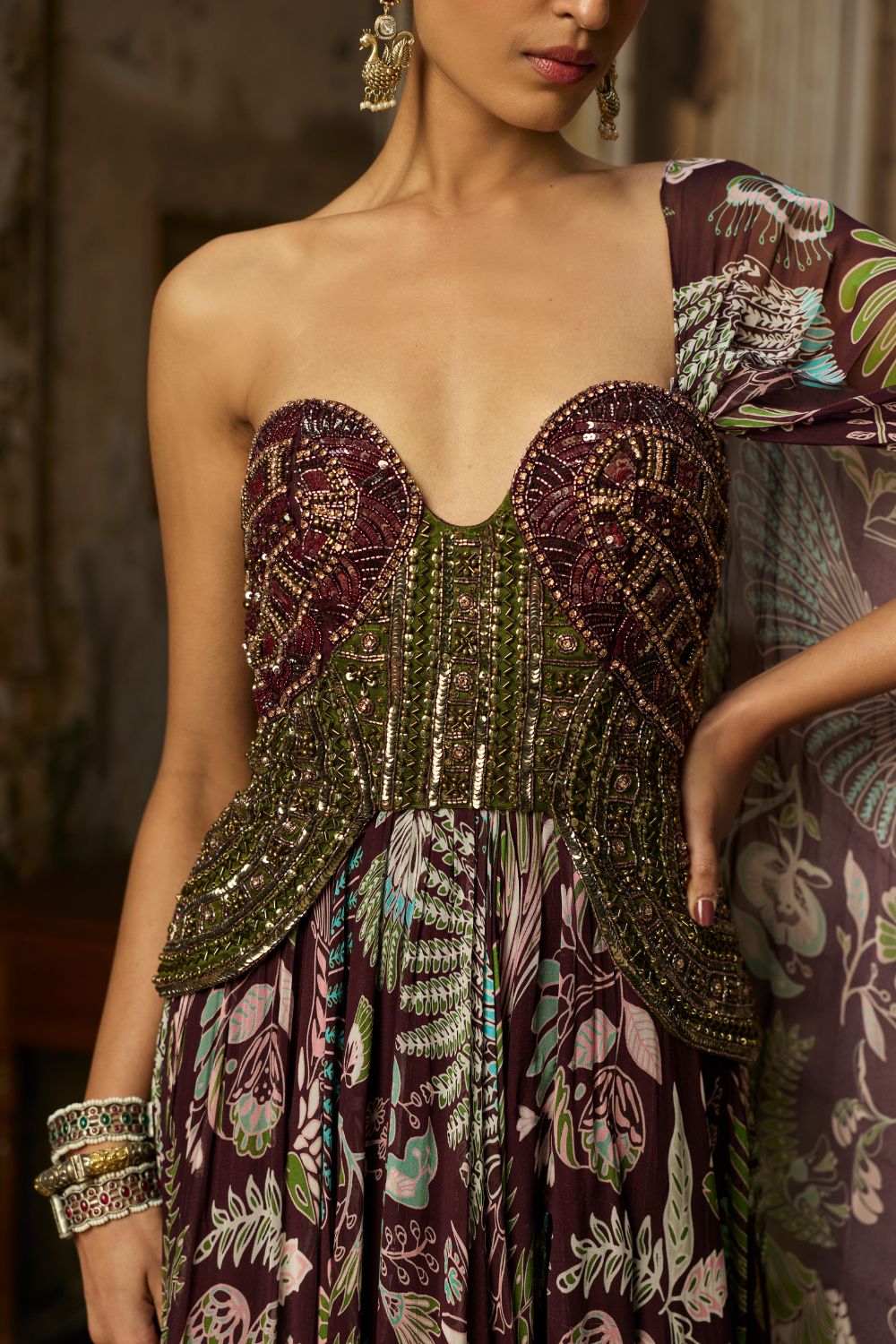 PLUM PRINTED AND EMBROIDERED DRAPE GOWN SAREE