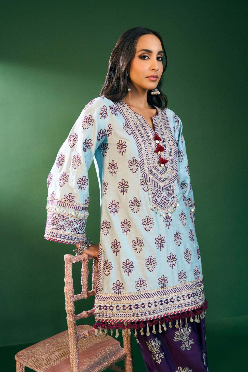 Lani Pima Satin Sky Blue Kurta with Farshi Salwar