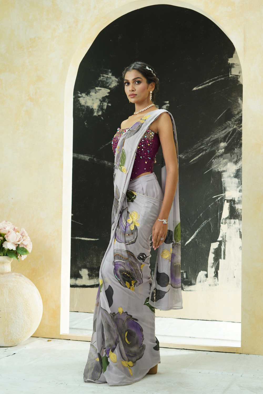 Periwinkle hand painted saree and corset set