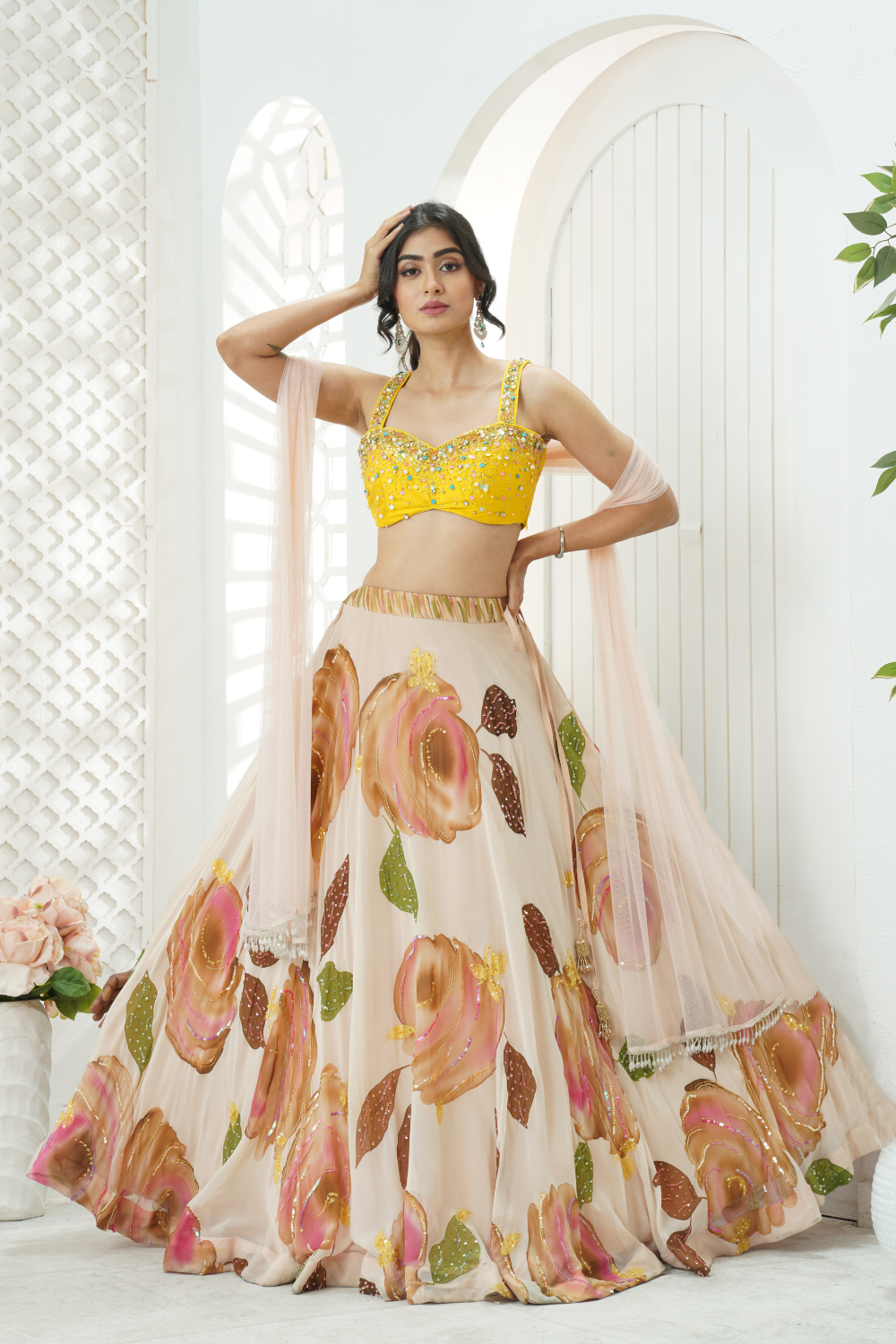 Baby Pink hand painted lehenga and embroidered Yellow blouse set