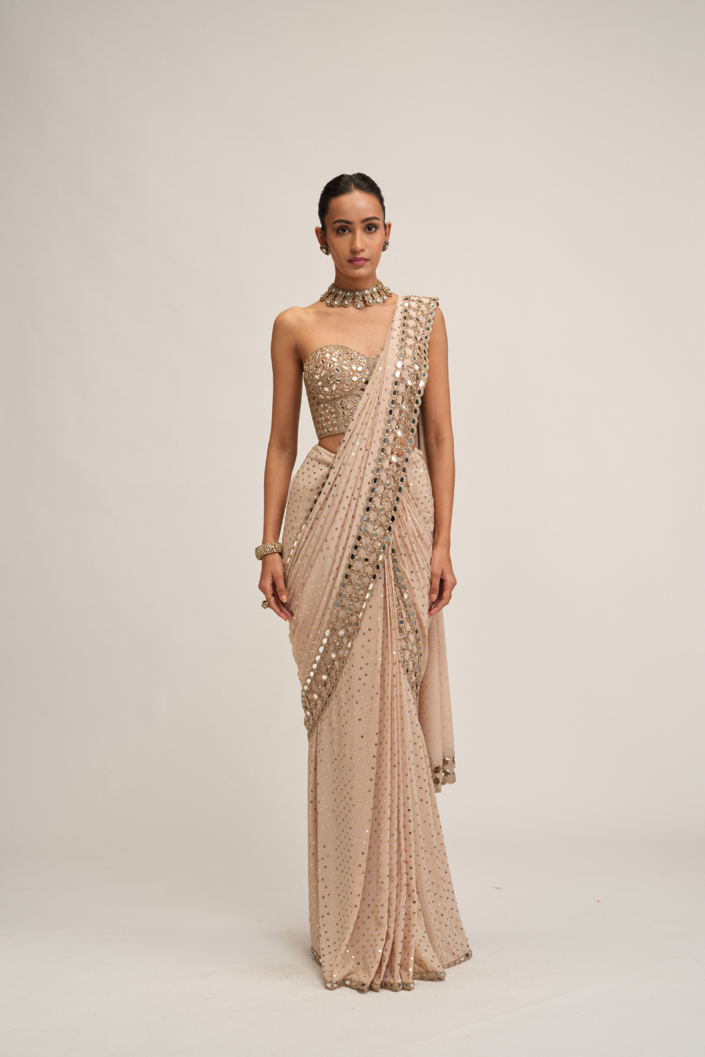 Light Beige Cutwork Border Saree Set