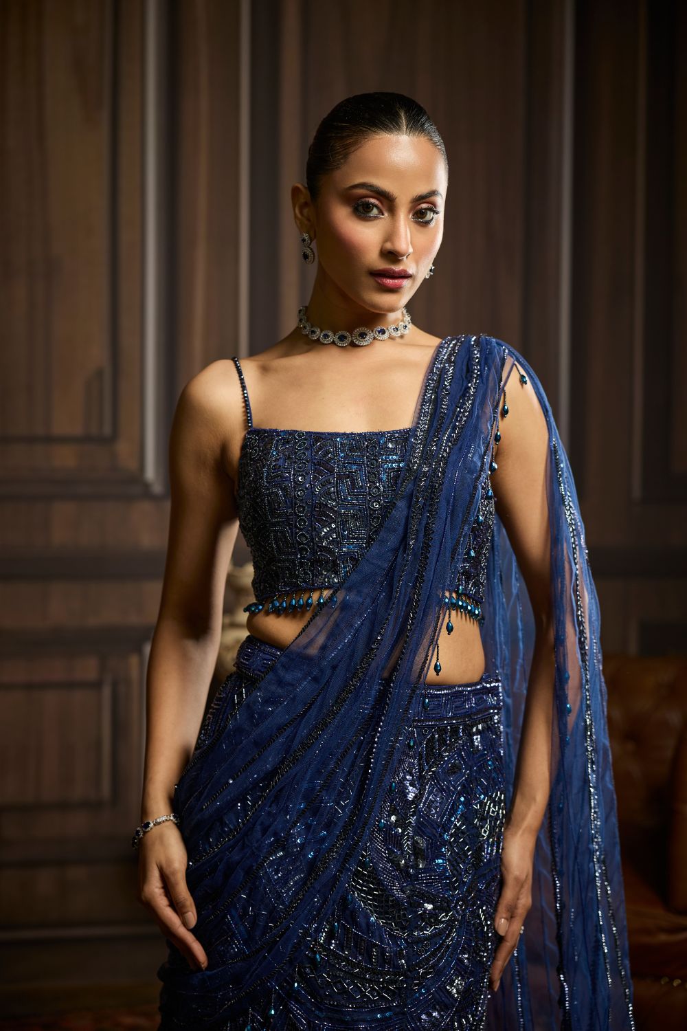 MIDNIGHT BLUE EMBELLISHED PRE-DRAPEDSKIRT SAREE SET