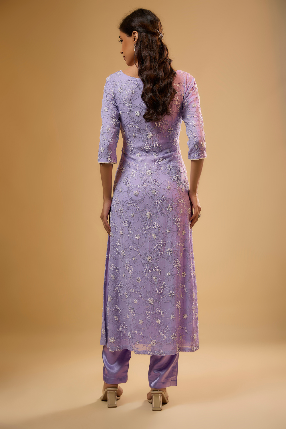 Lavender georgette kurta pants set embroidered with sequins, glass beads & threadwork