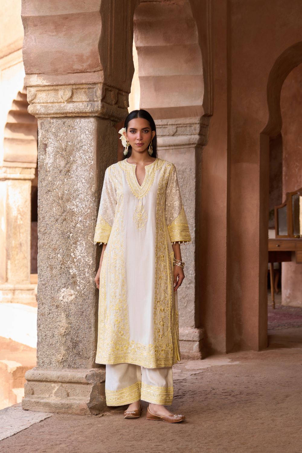 NURVI - DAISY IVORY WITH LEMON YELLOW LONG A-LINE KURTA WITH PALAZZO AND DUPATTA