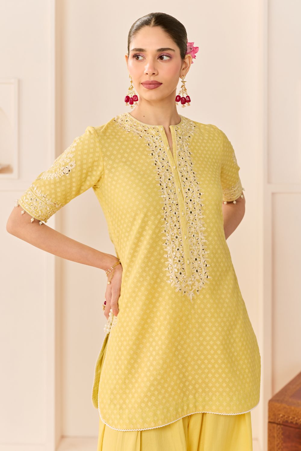 ANAISHA - LEMON YELLOW SHORT KURTA WITH FARSHI SALWAR AND DUPATTA