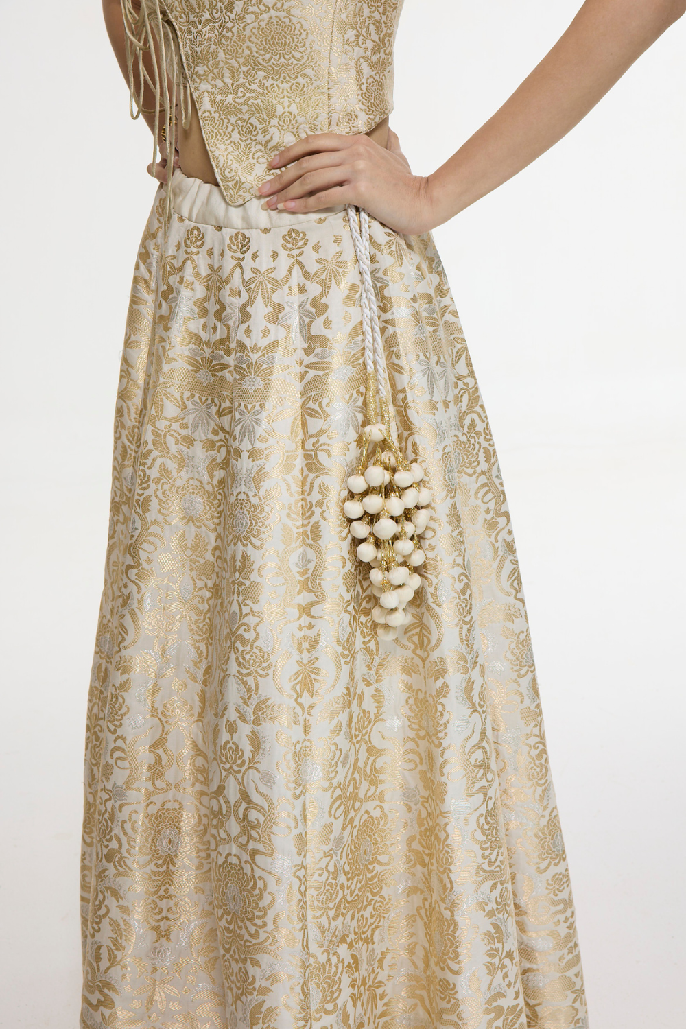 Handwoven Ivory-Gold Silk Lehenga Set