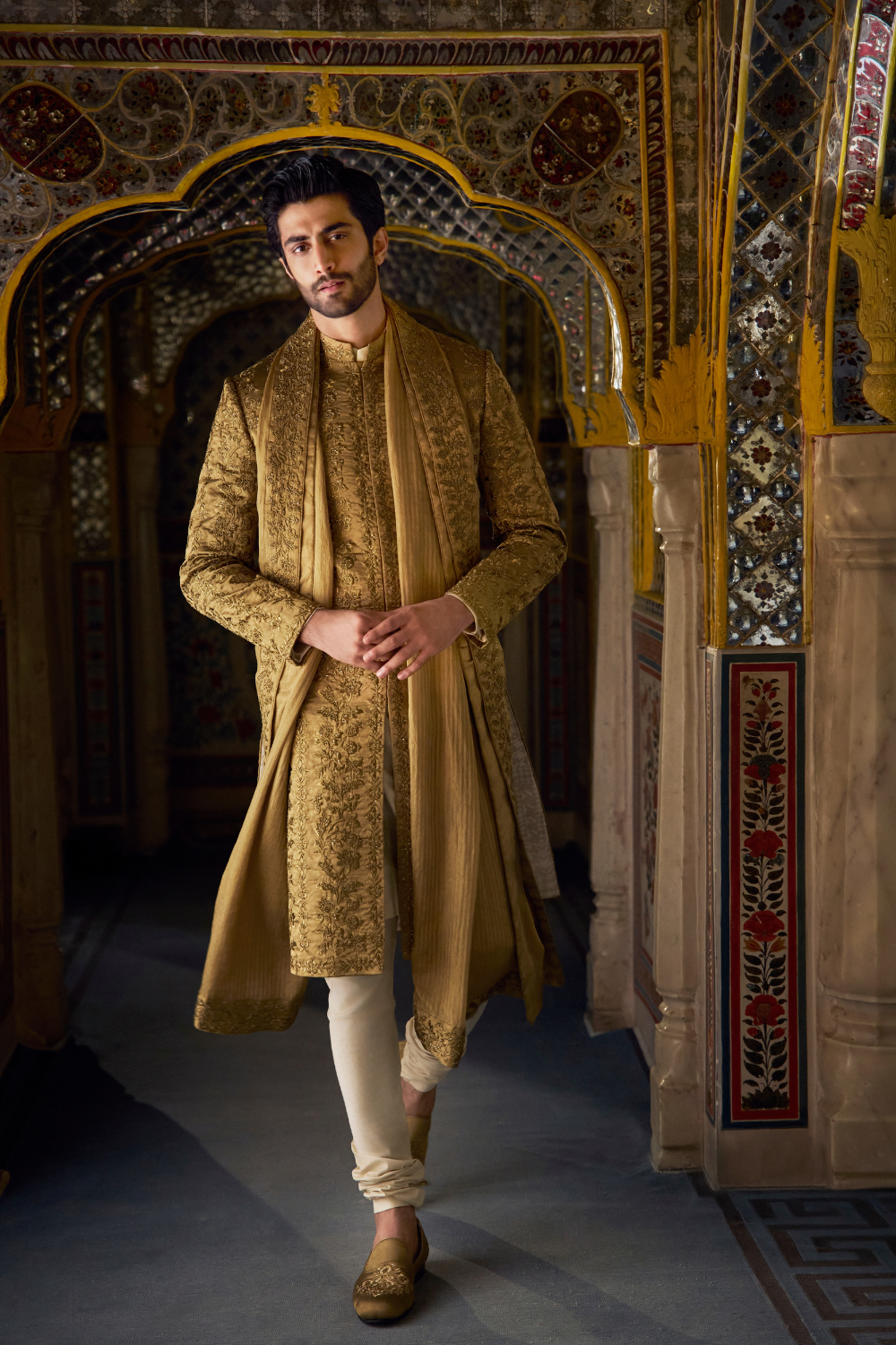 Antique Gold Tissue Sherwani Set