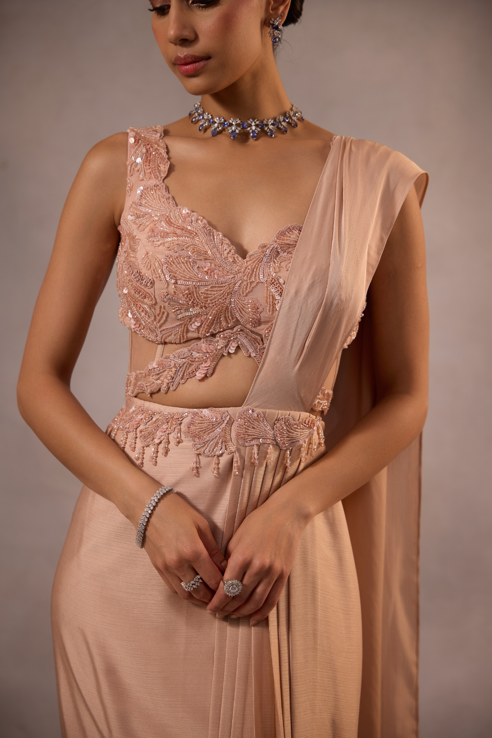 Champagne Pink Embellished Draped Saree Set with Sculpted Blouse