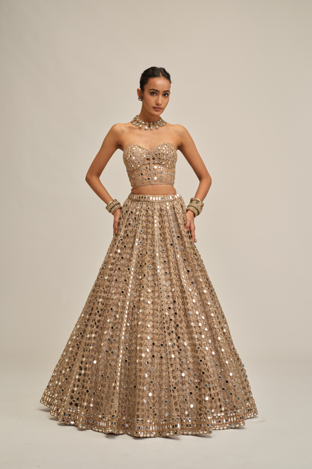 Light Beige Big Mirror Cutwork Crop Top Skirt Set