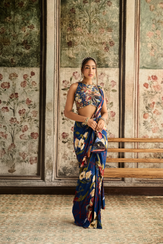 BLUE FLORAL PRINTED SKIRT SAREE SET
