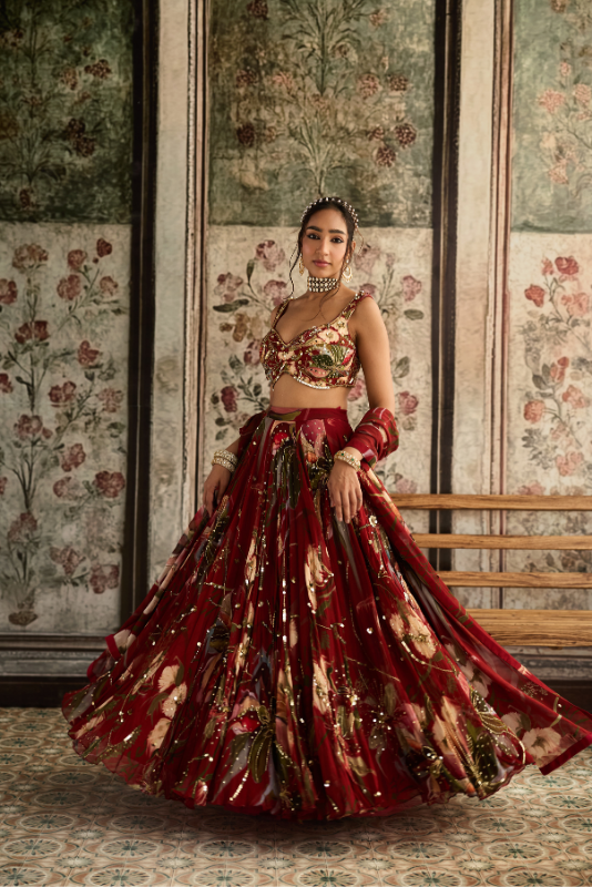 RED FLORAL PRINT AND HIGHLIGHTED LEHENGA SET