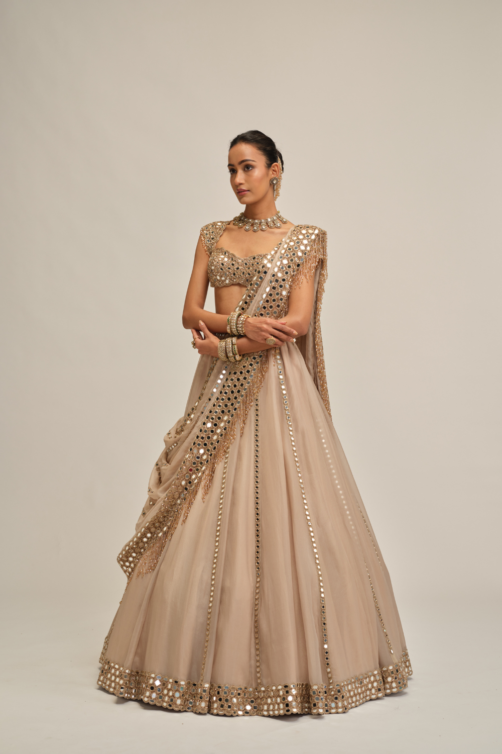 Light Beige Mirror Linear Embroidered Lehenga Set