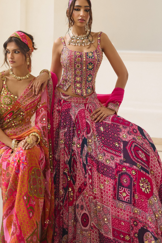 FUSCHIA PRINT AND HIGHLIGHTED CORSET BLOUSE LEHENGA SET
