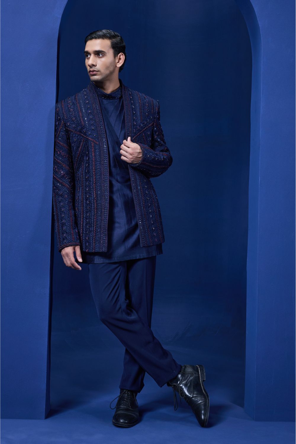 Navy Blue open bandhgala with thread,sequins & pearl work