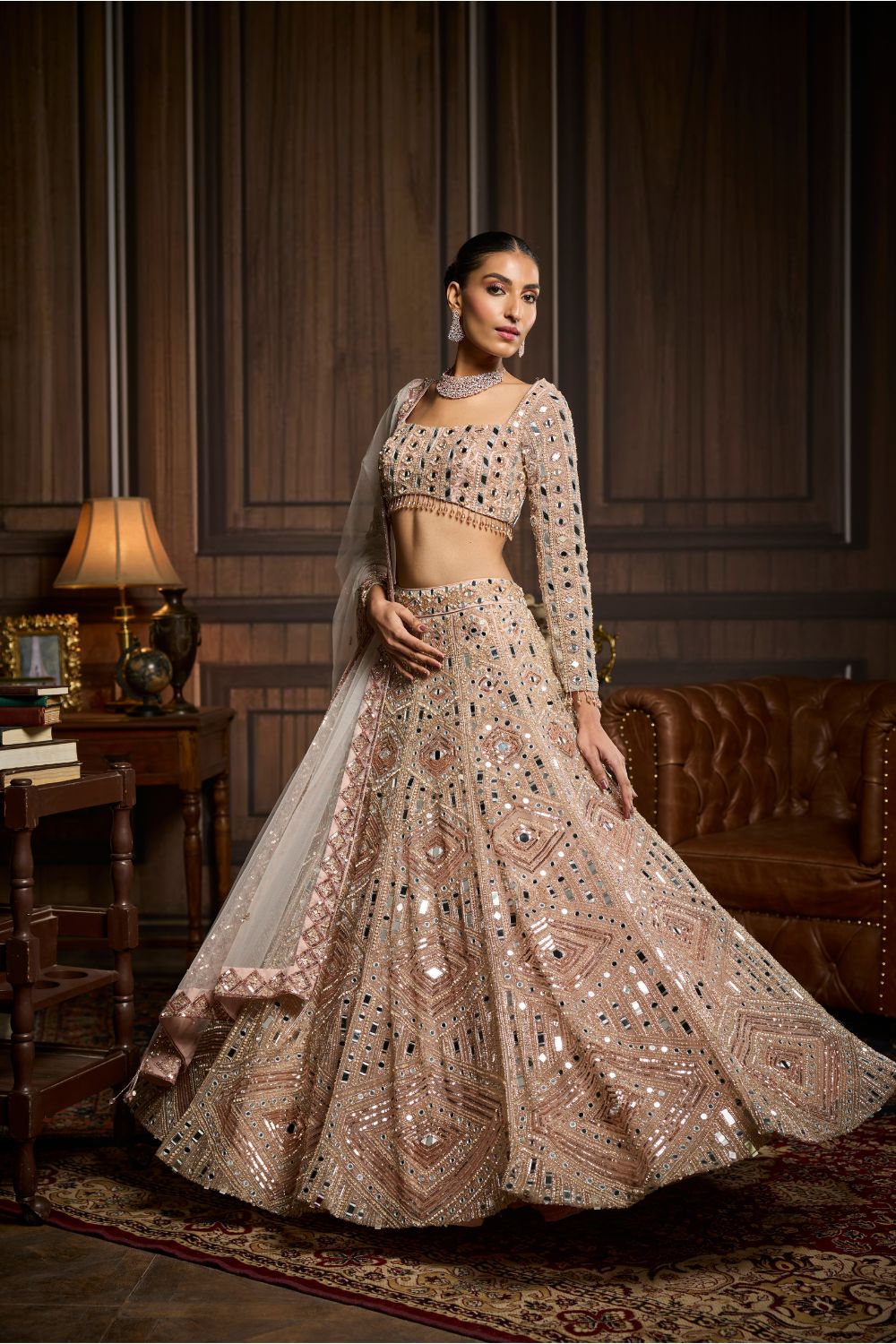 BLUSH PINK EMBELLISHED MIRRORWORK LEHENGA SET