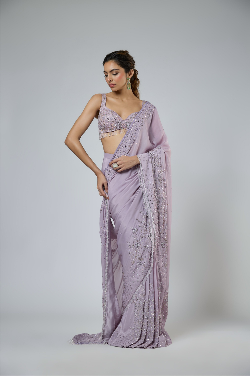 Dusty Lilac Heavy Intricate Floral Embroidered Saree Set