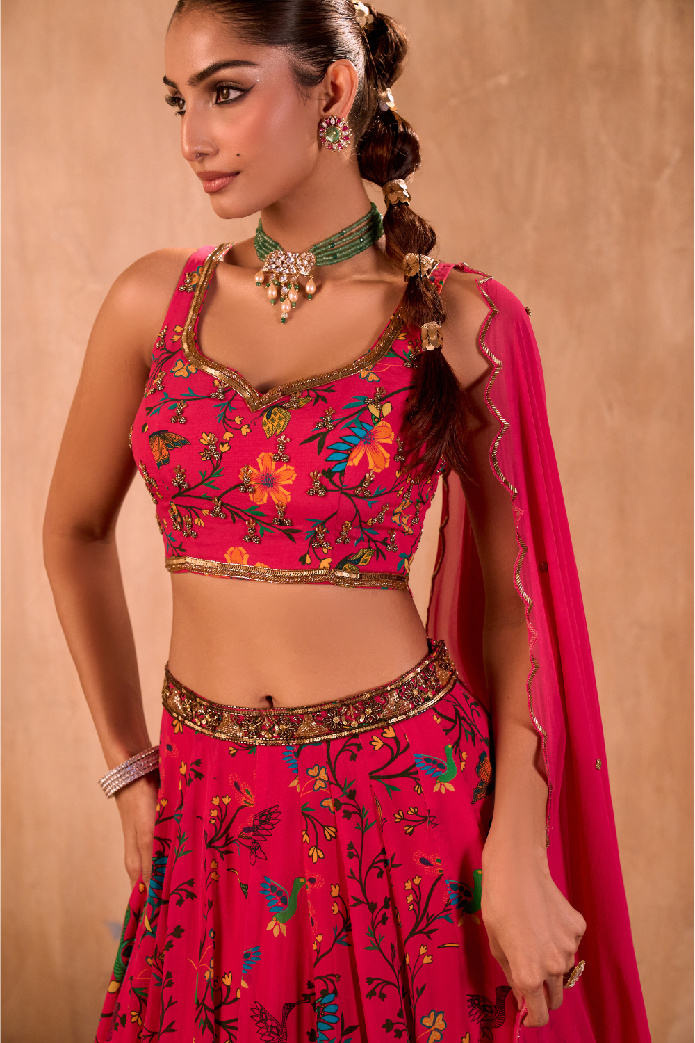 PINK PRINT EMBROIDERED CHOLI, LEHENGA AND DUPATTA SET
