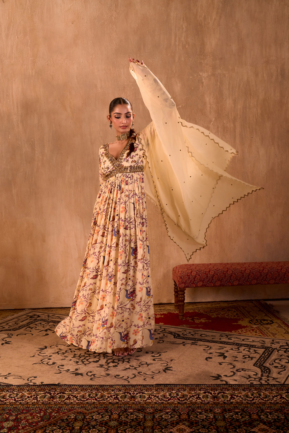 IVORY PRINT EMBROIDERED ANARKALI AND DUPATTA SET