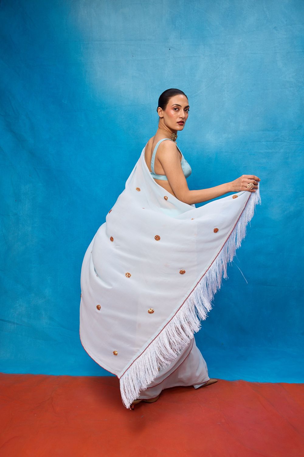 Handwoven Ice Blue Georgette Embroidered Saree