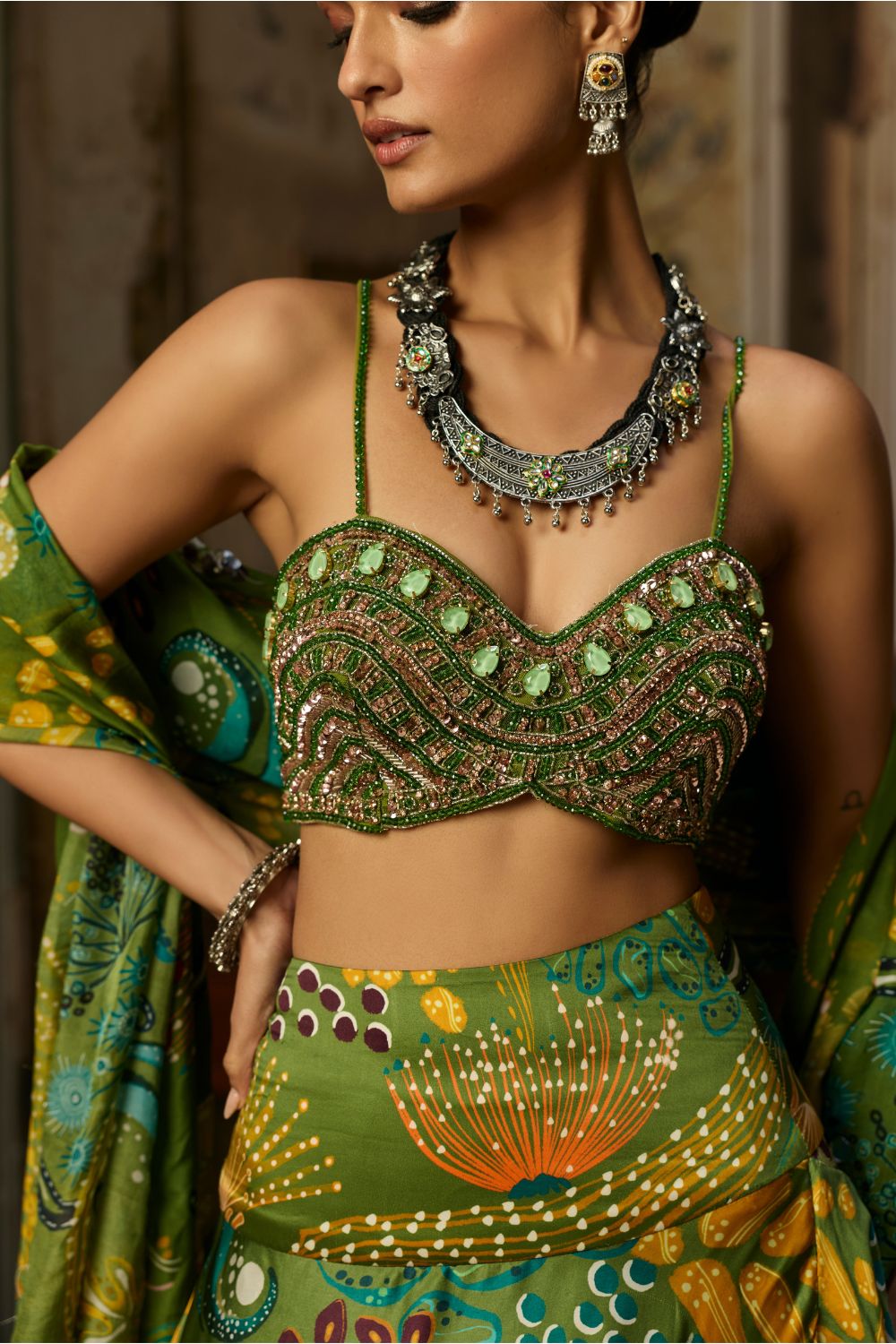 PEAR GREEN EMBROIDERED BLOUSE AND COWL SKIRT SET