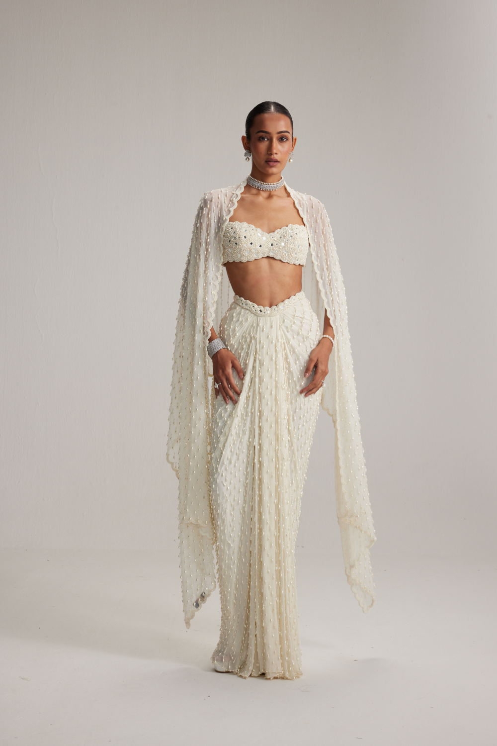 Off White Dense Drop Draped Skirt set