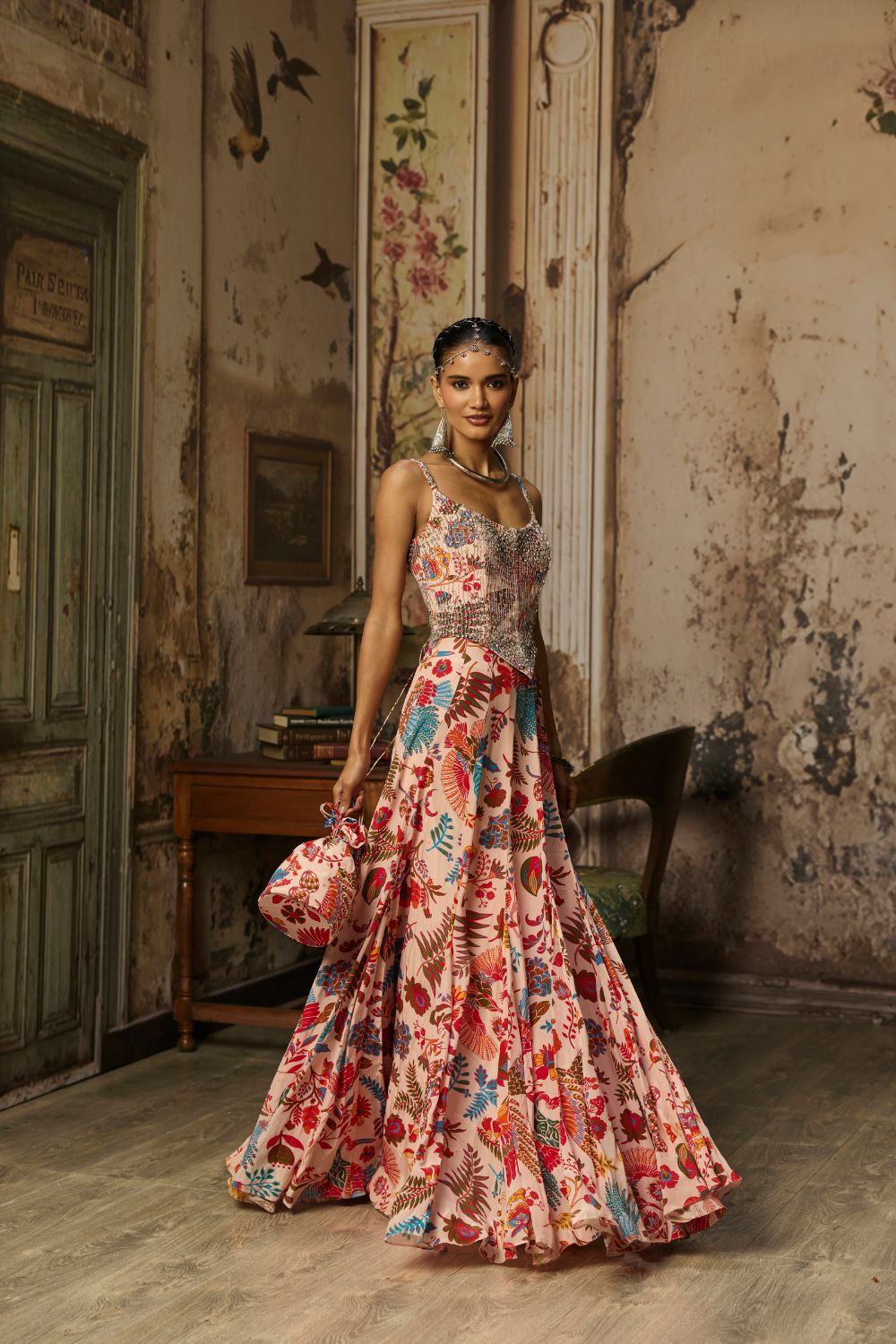 BLUSH PINK PRINTED AND HIGHLIGHTED CORSET GOWN