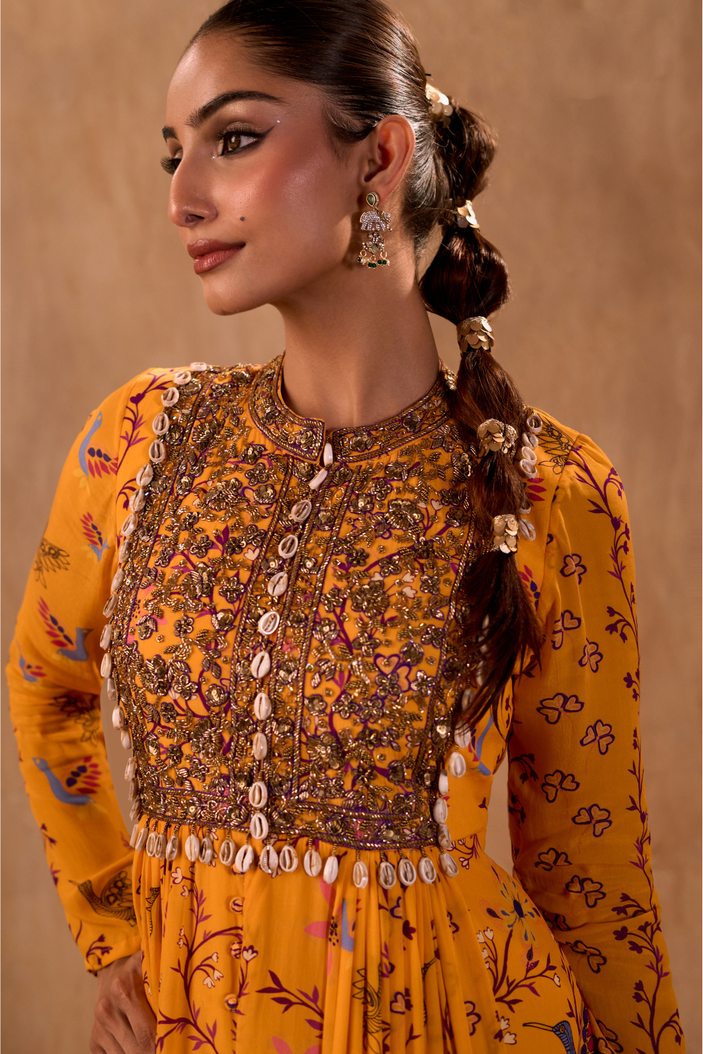 YELLOW PRINT EMBROIDERED ANARKALI AND DUPATTA SET