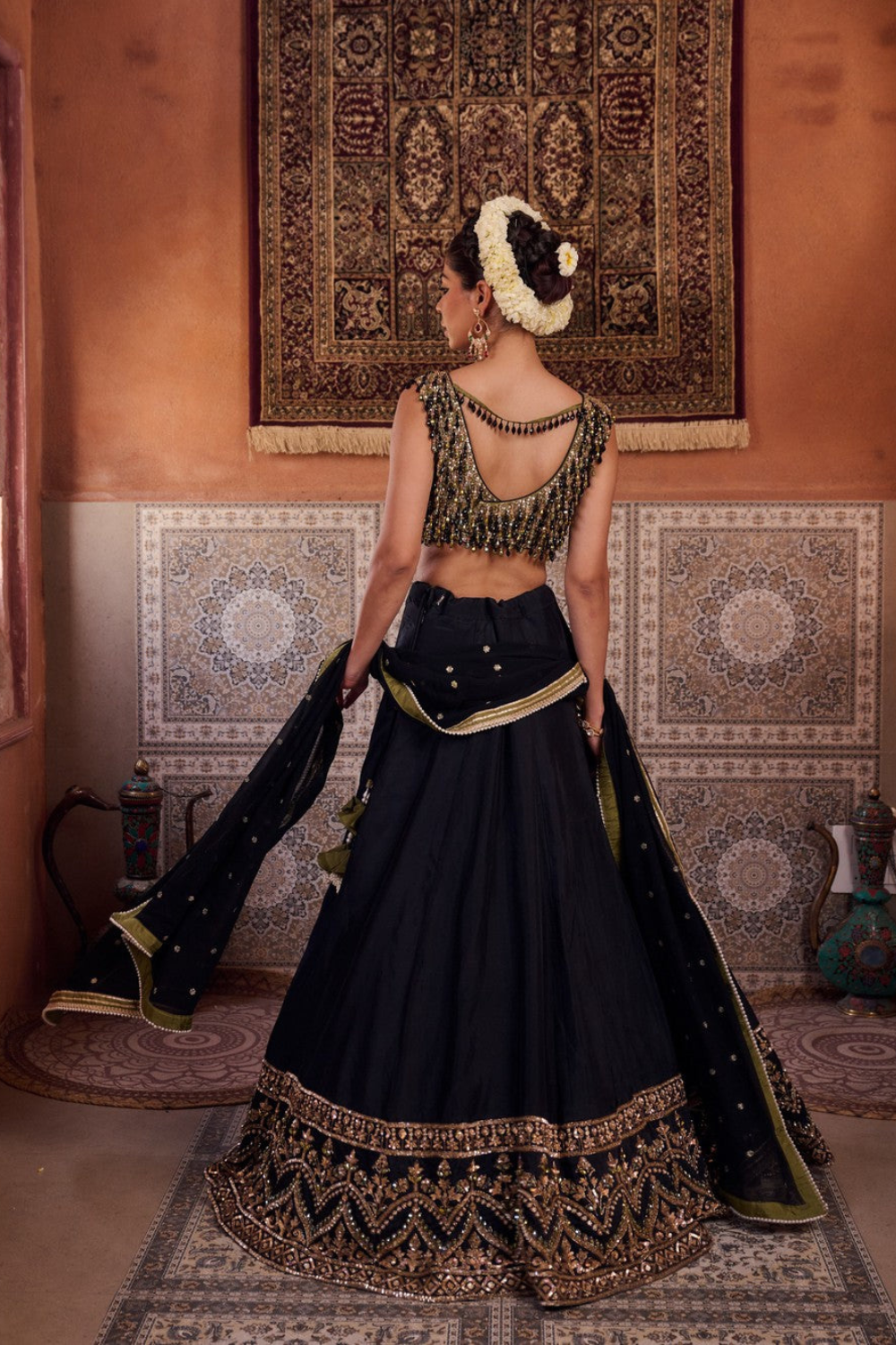 Black and mehendi green embellished blouse, lehenga and dupatta