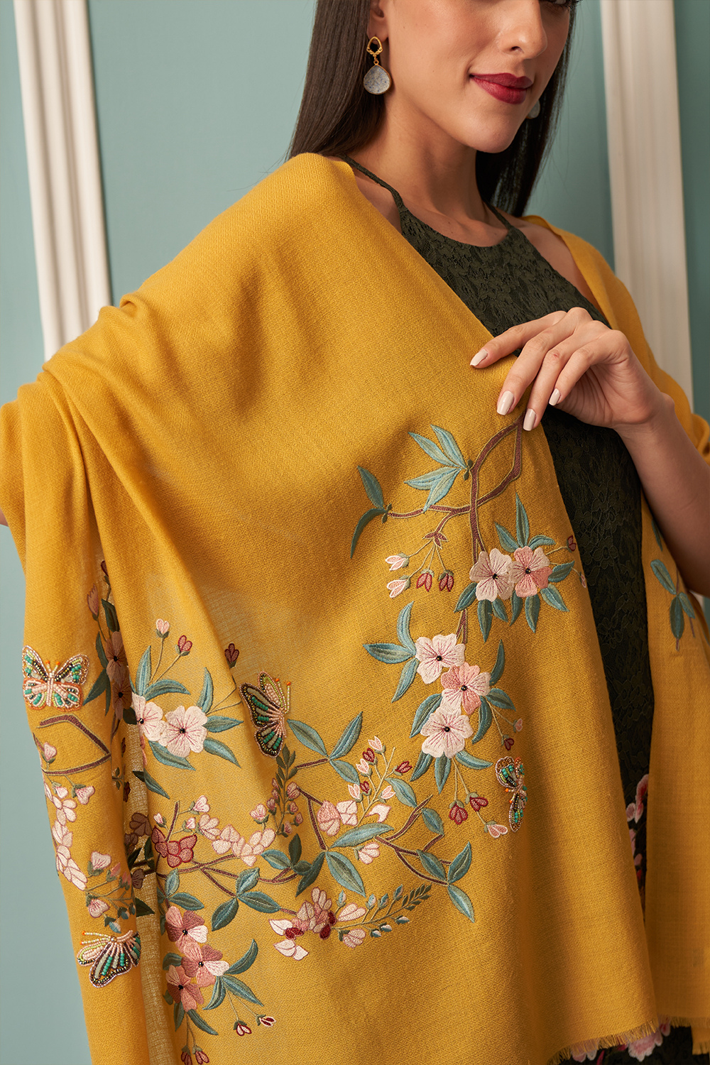 A Garden Diary | Embroidered Fine Merino Wool Stole – Spicy Mustard