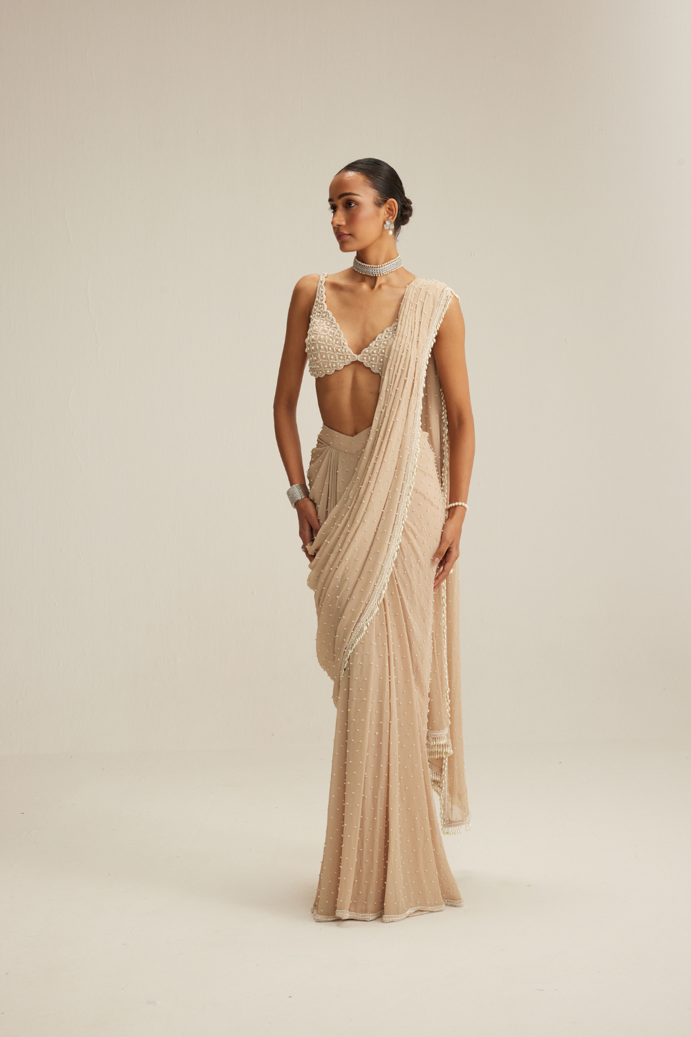 Light Beige Scattered Pearls draped saree set