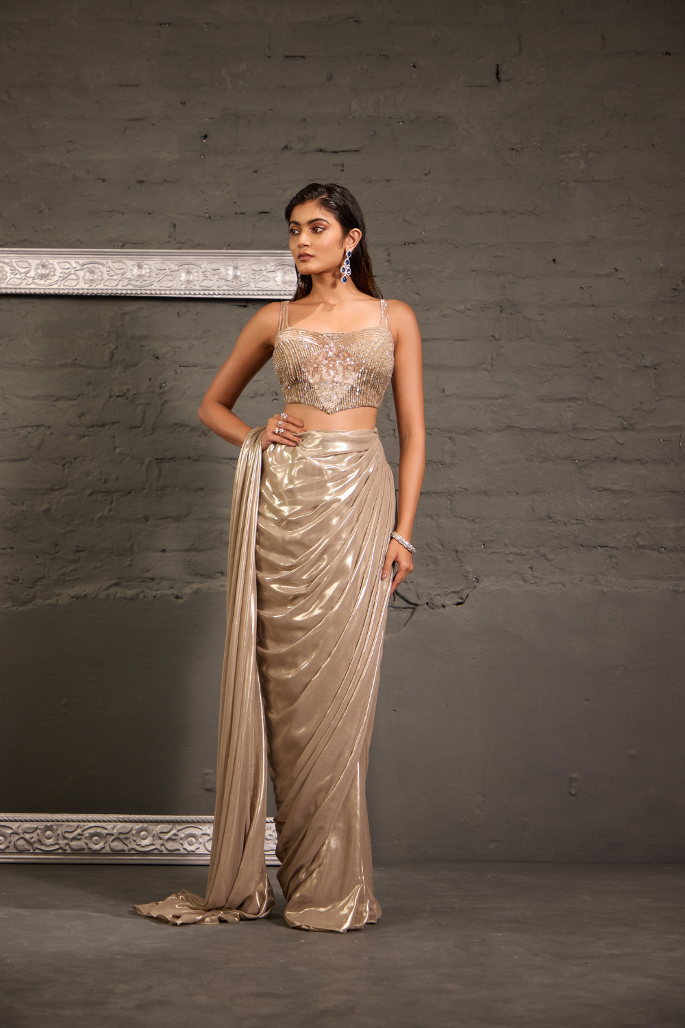 Champagnee Hand Embroidered Blouse With Drape Saree