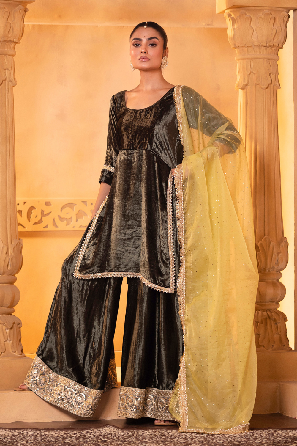 Olive Green Velvet Kurta and Sharara Set