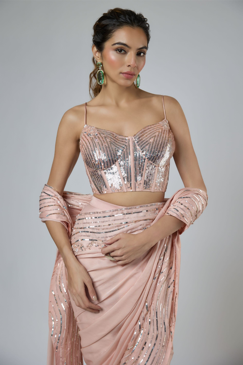 DARK PEACH INTRICATE EMBROIDERED SAREE SET