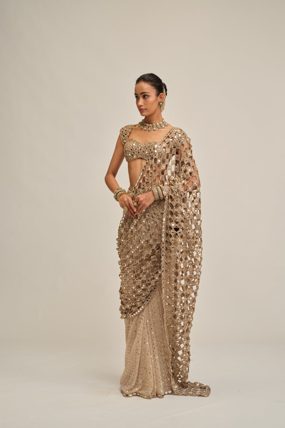 Light Beige Cutwork Pallu Saree Set