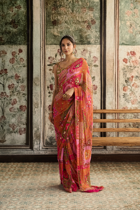 SAGE BUTTA PRINT AND HIGHLIGHTED ONE-SHOULDER BLOUSE WITH YELLOW-FUSCHIA PRE-DRAPED CLASSIC SAREE SET