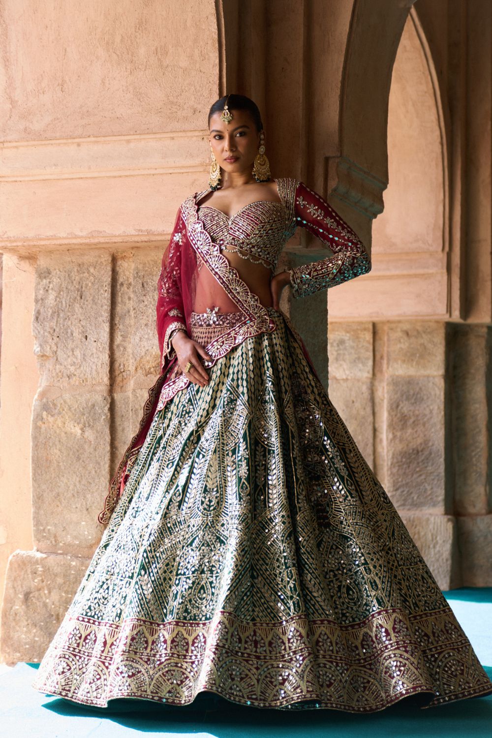 SUKOON — Bottle Green Raw Silk Lehenga Set with Contrast Blouse